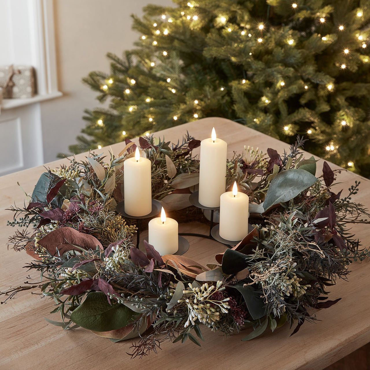 60cm Pre Lit Autumn & Christmas Wreath & Slim TruGlow® LED Candle Decoration
