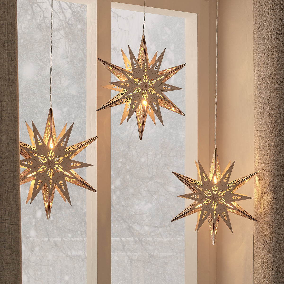 Set of 3 Wooden Star Light Up Hanging Christmas Decorations