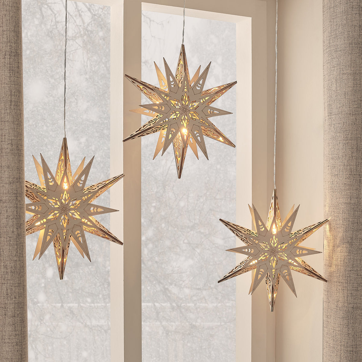 Set of 3 Wooden Star Light Up Hanging Christmas Decorations