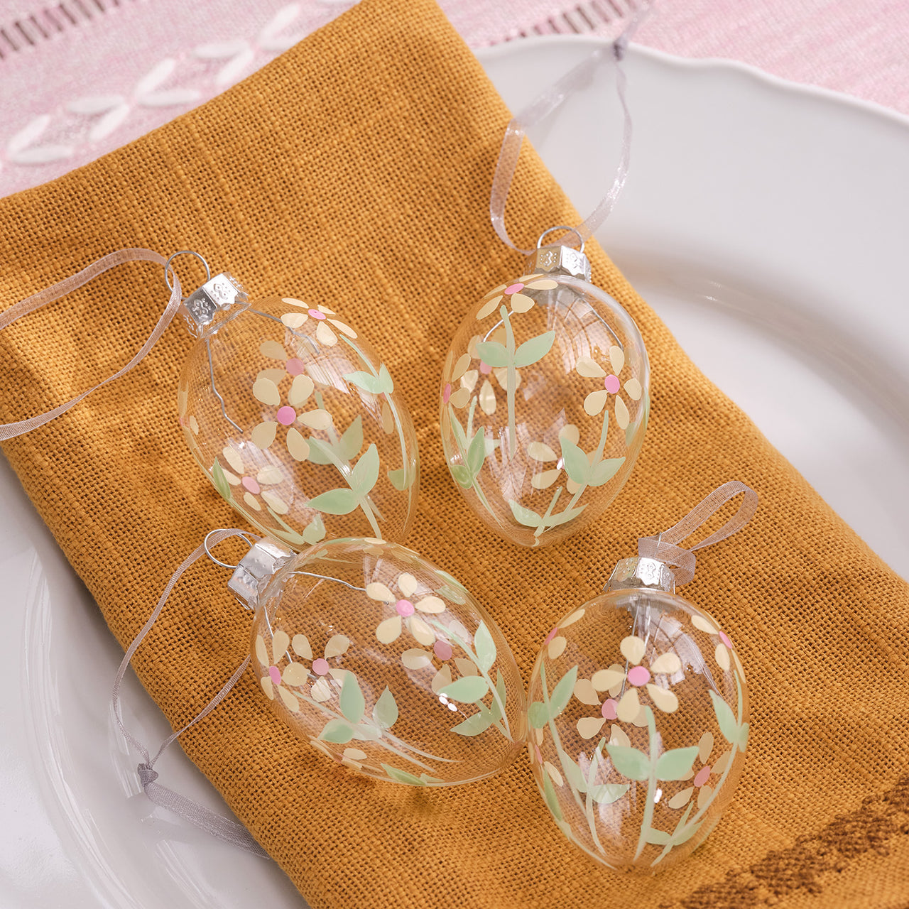 4 Floral Glass Egg Hanging Decorations