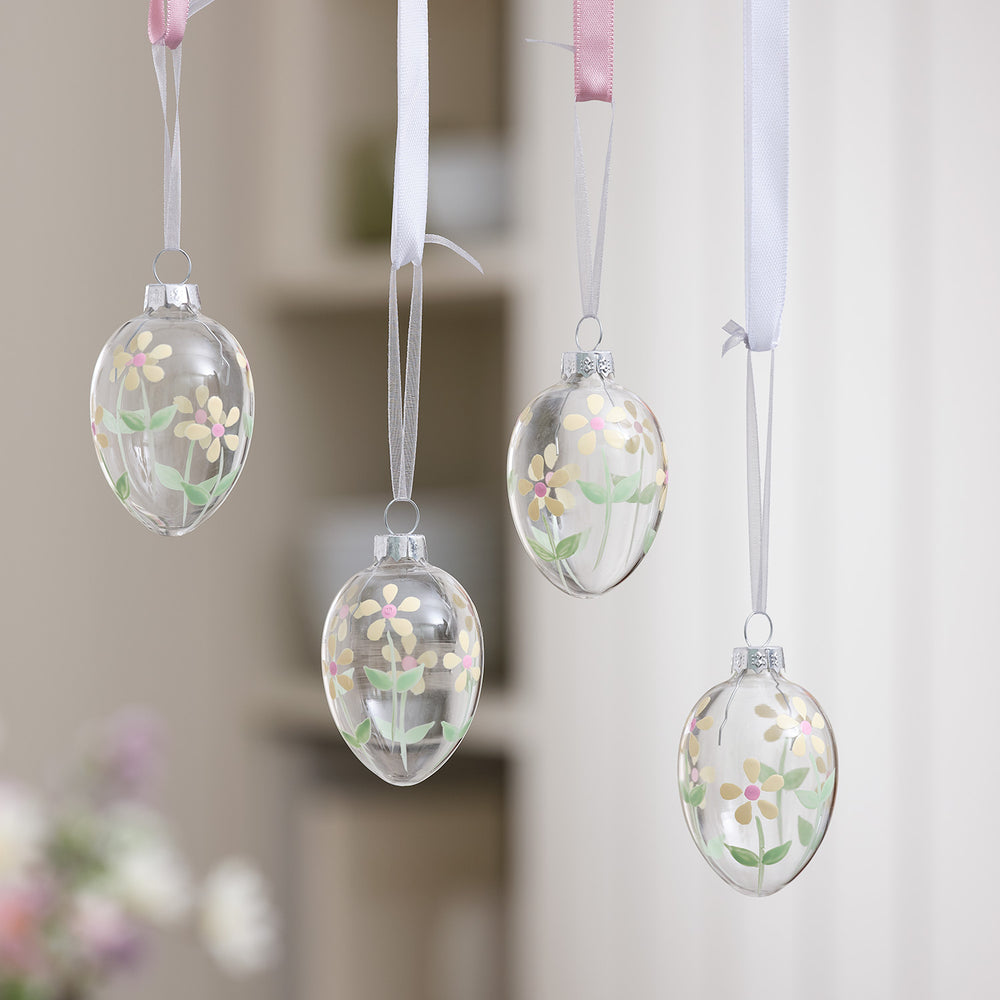 4 Floral Glass Egg Hanging Decorations