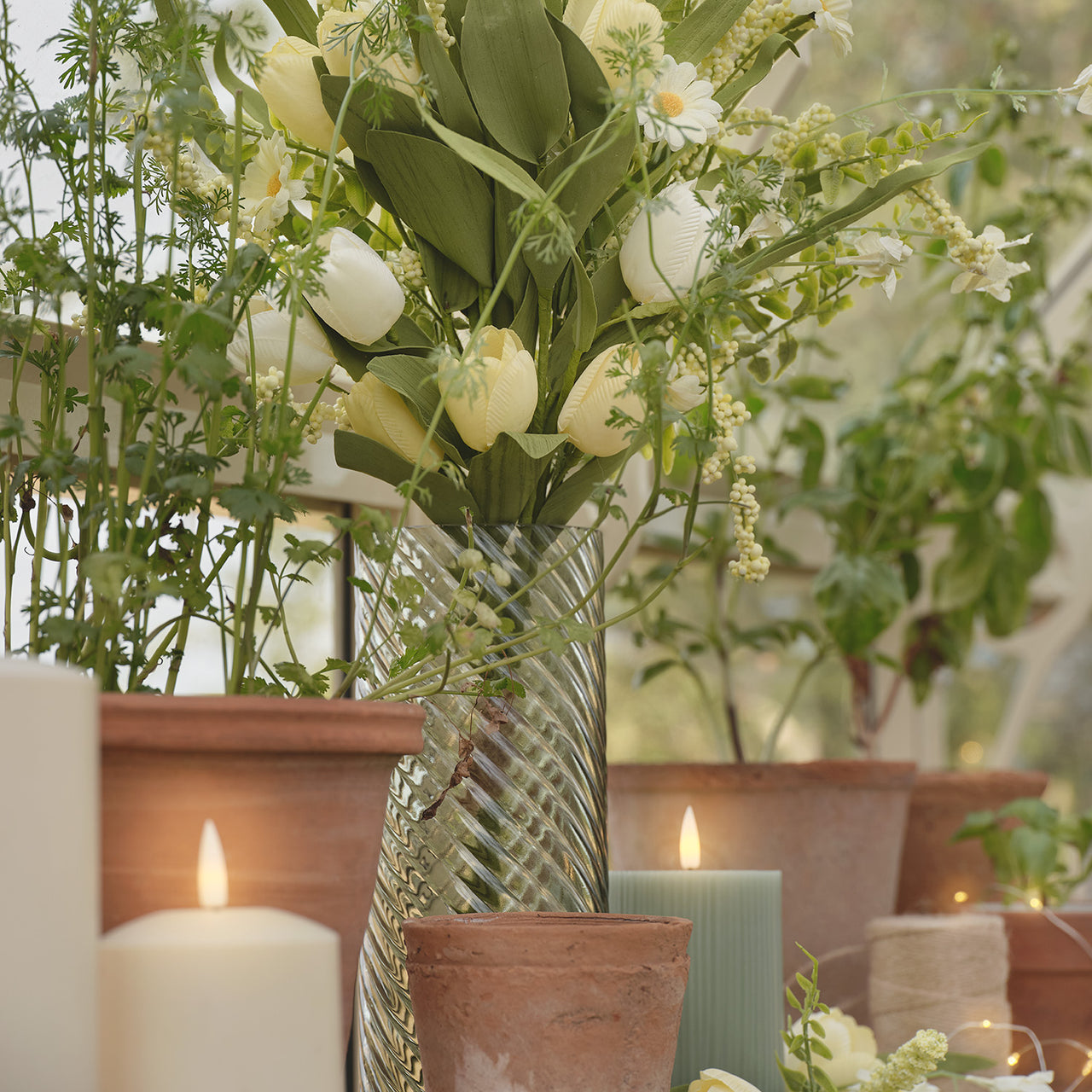 Butter Yellow Tulip & Daisy Artificial Bouquet with Green Textured Glass Vase Bundle