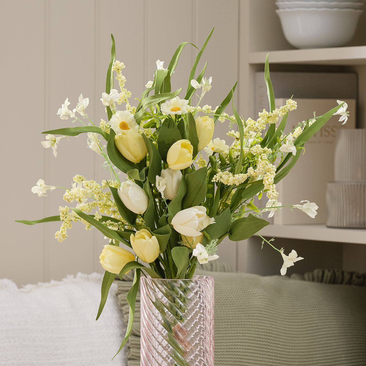 Butter Yellow Tulip & Daisy Artificial Bouquet with Blush Textured Glass Vase Bundle