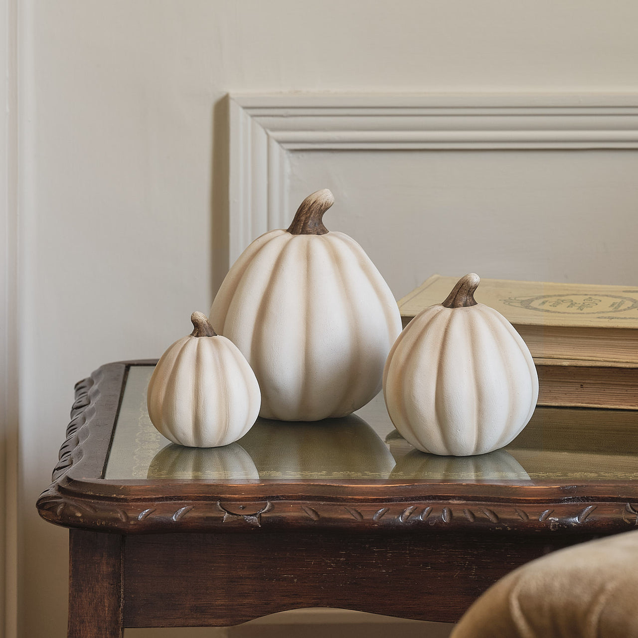 3 White Porcelain Pumpkin Decorations