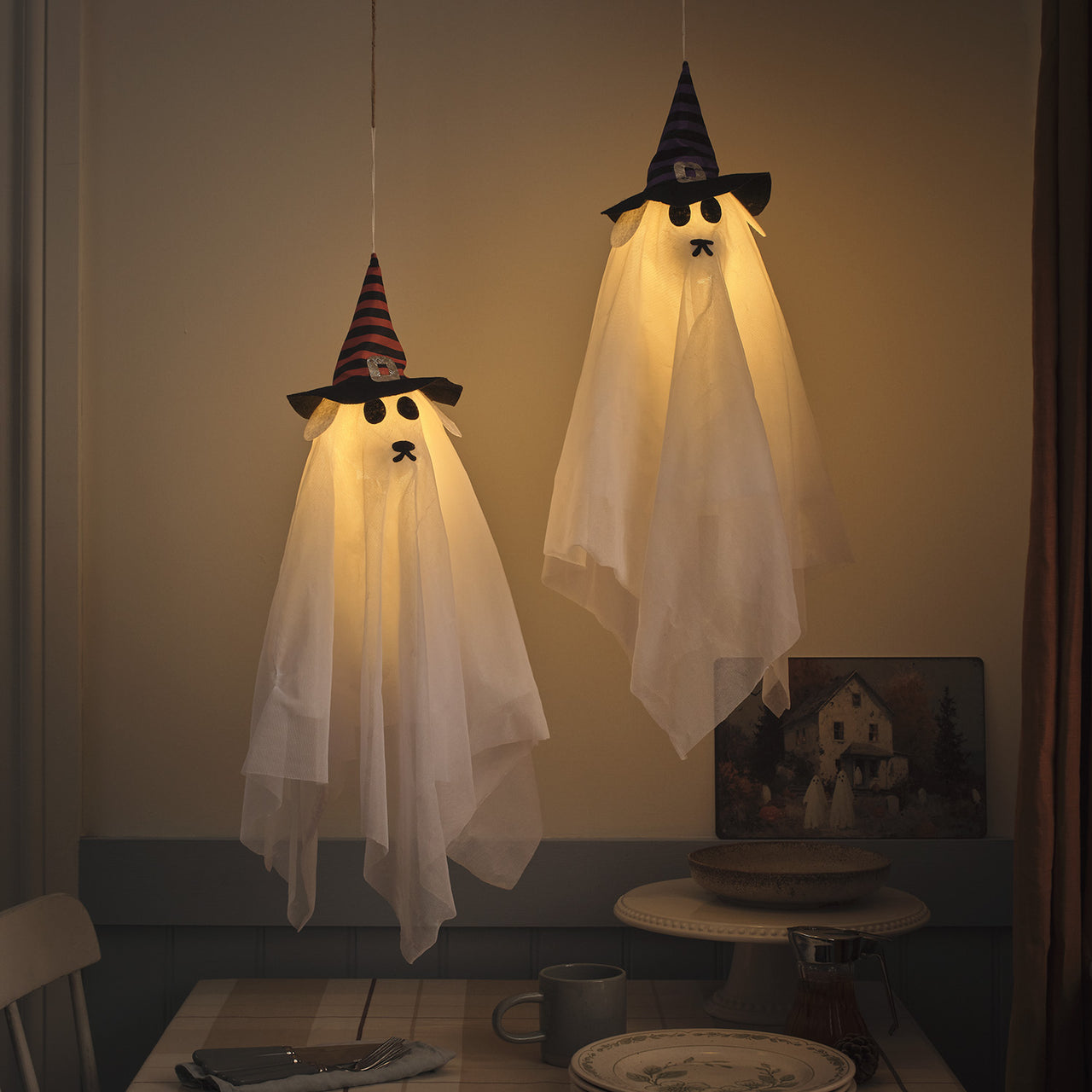 2 Hanging LED Ghost Dog Halloween Decorations