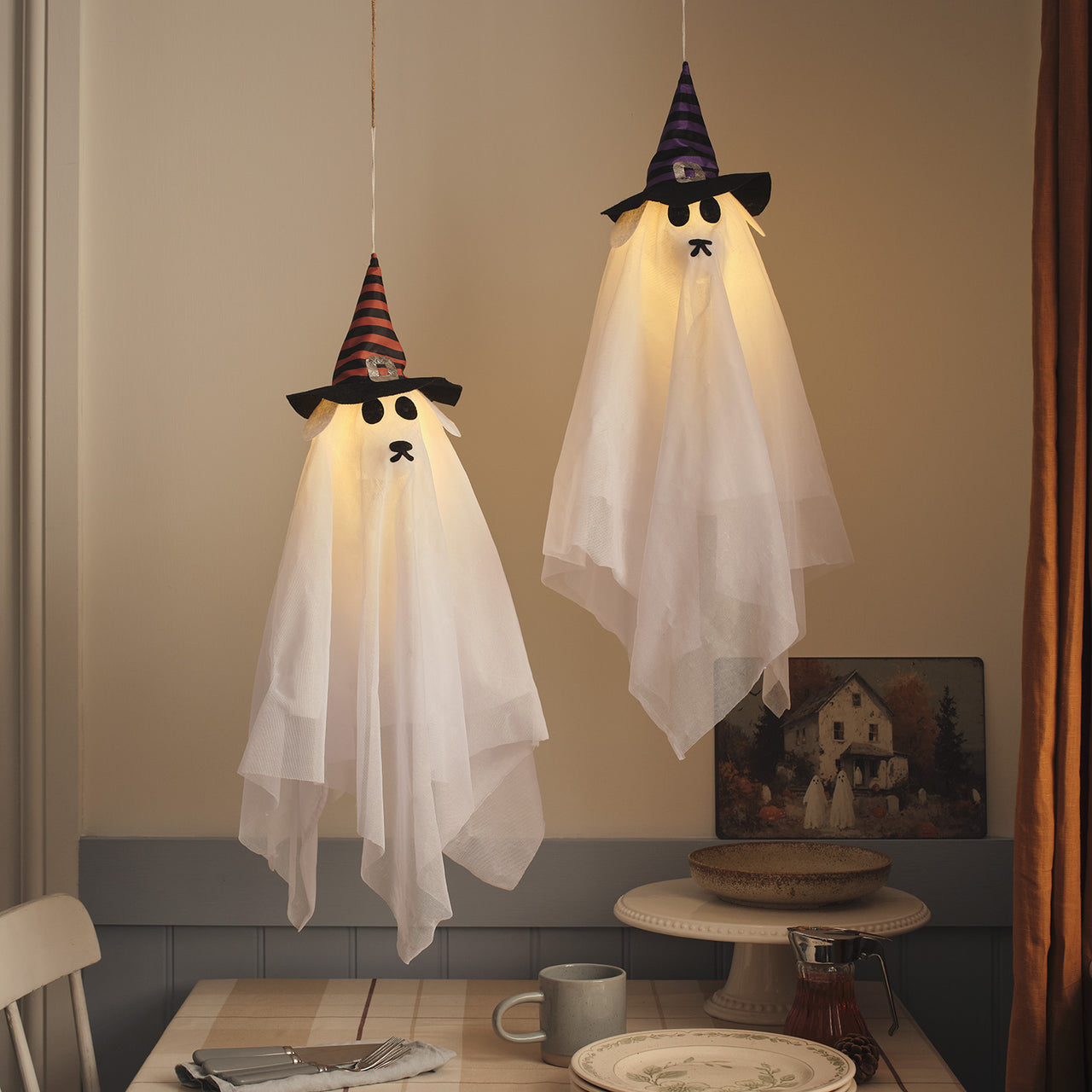 2 Hanging LED Ghost Dog Halloween Decorations