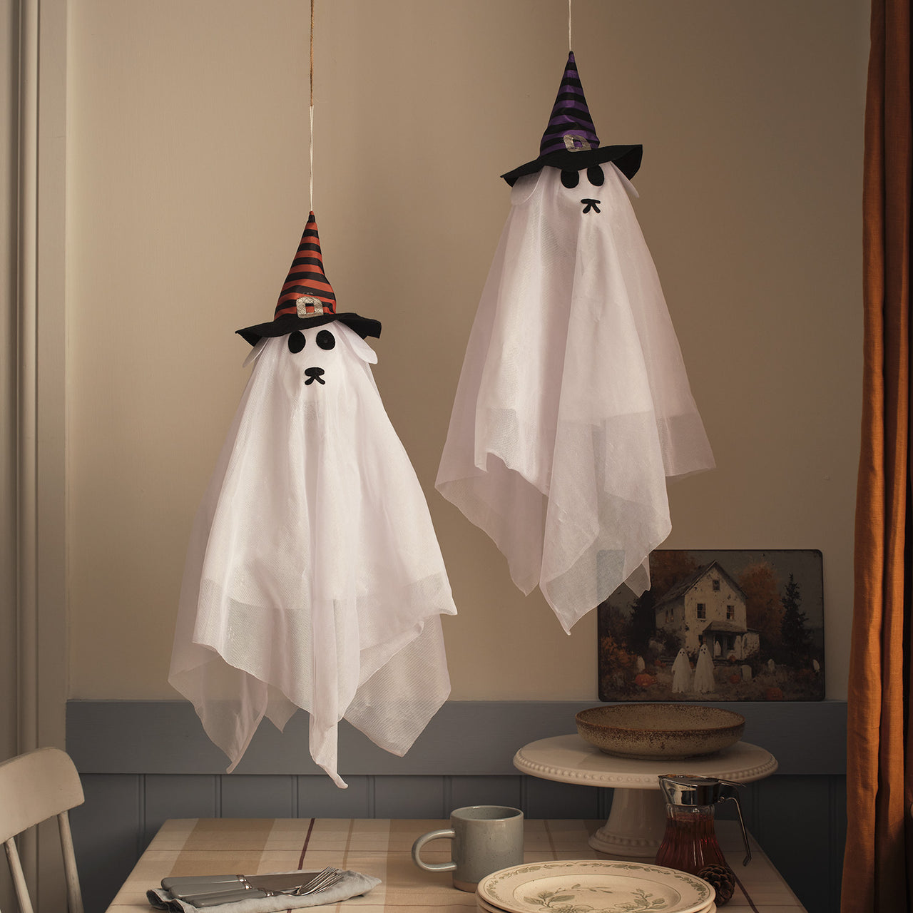 2 Hanging LED Ghost Dog Halloween Decorations