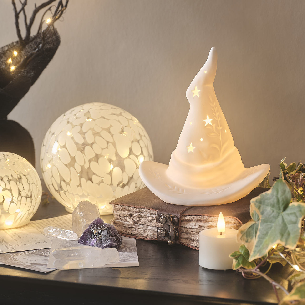 Gerald the Ghost & Witches Hat Porcelain LED Halloween Decorations