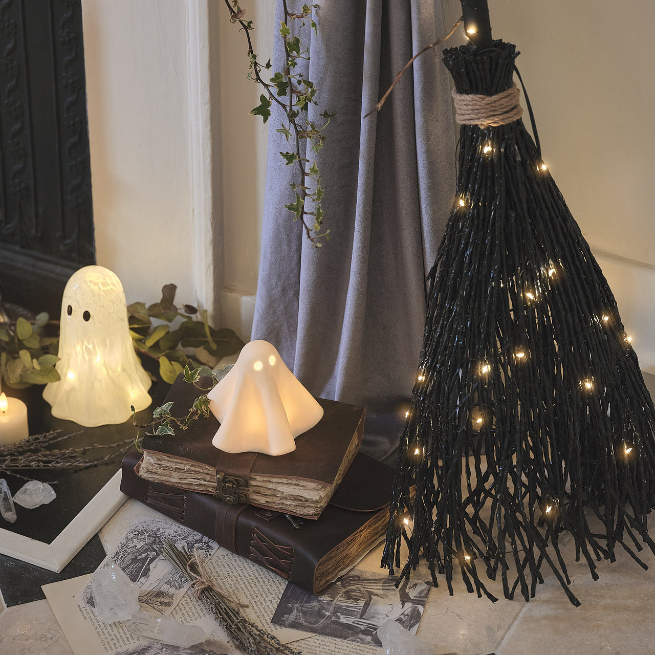 Black Witches Broom Outdoor LED Halloween Decoration
