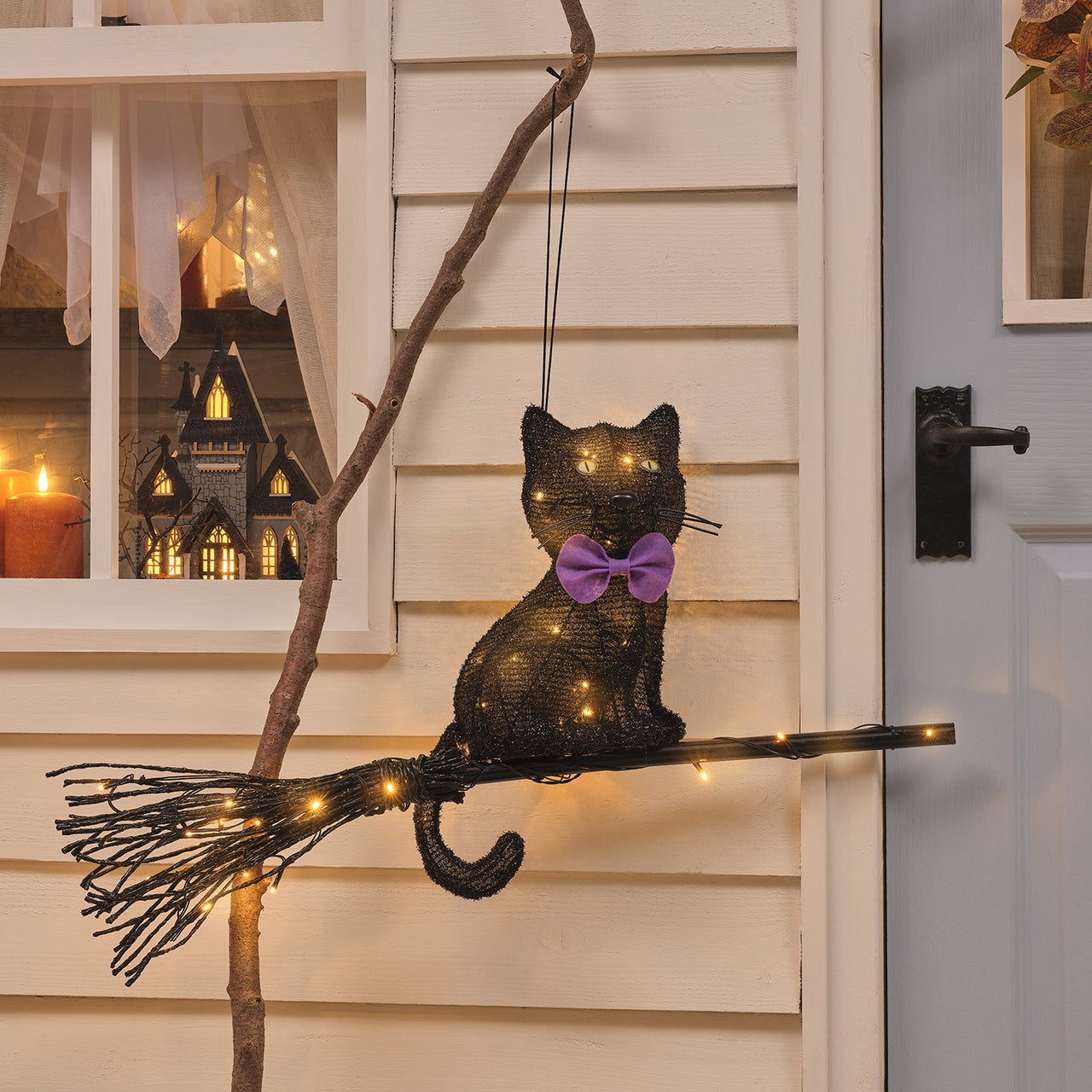 Cat on a Broom Outdoor LED Halloween Decoration