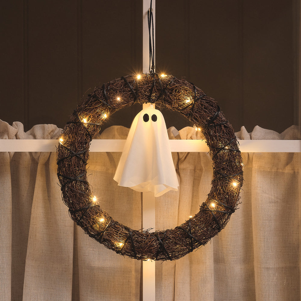 30cm Black Wreath with Hanging Ghost Outdoor LED Halloween Decoration