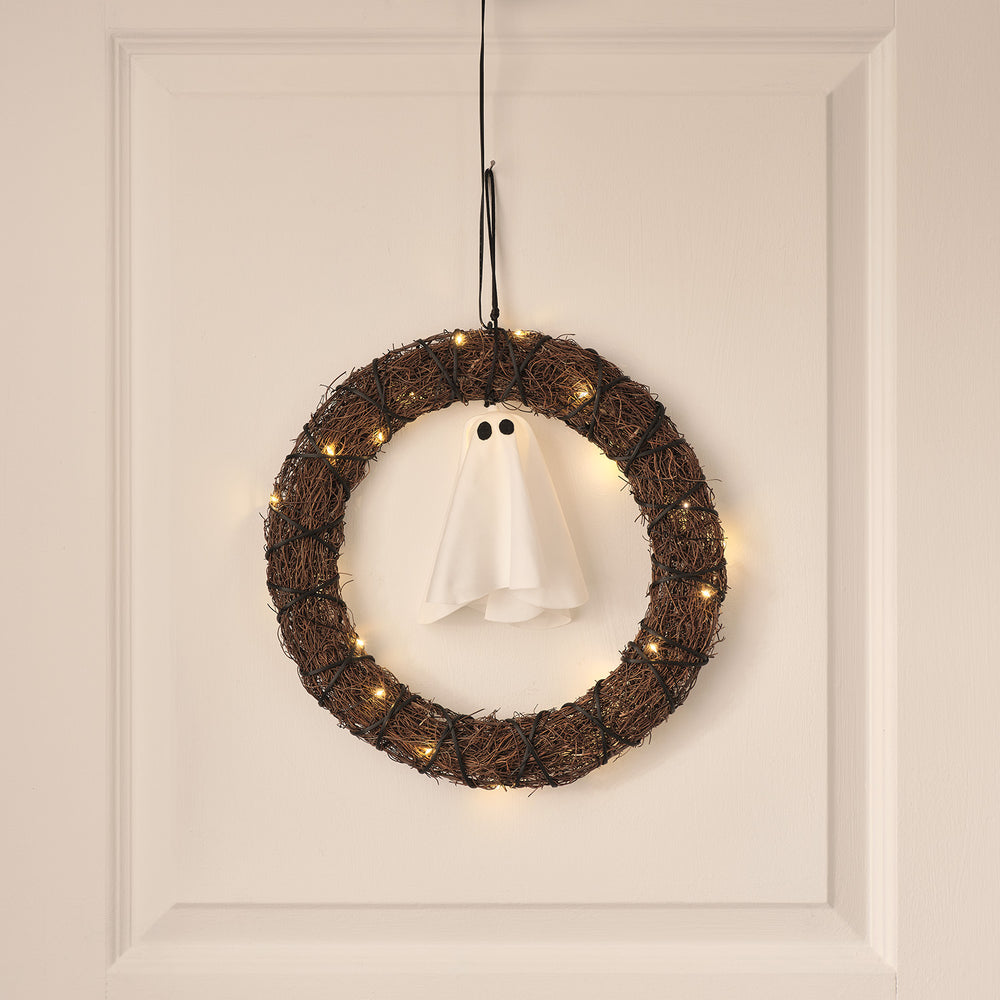 30cm Black Wreath with Hanging Ghost Outdoor LED Halloween Decoration