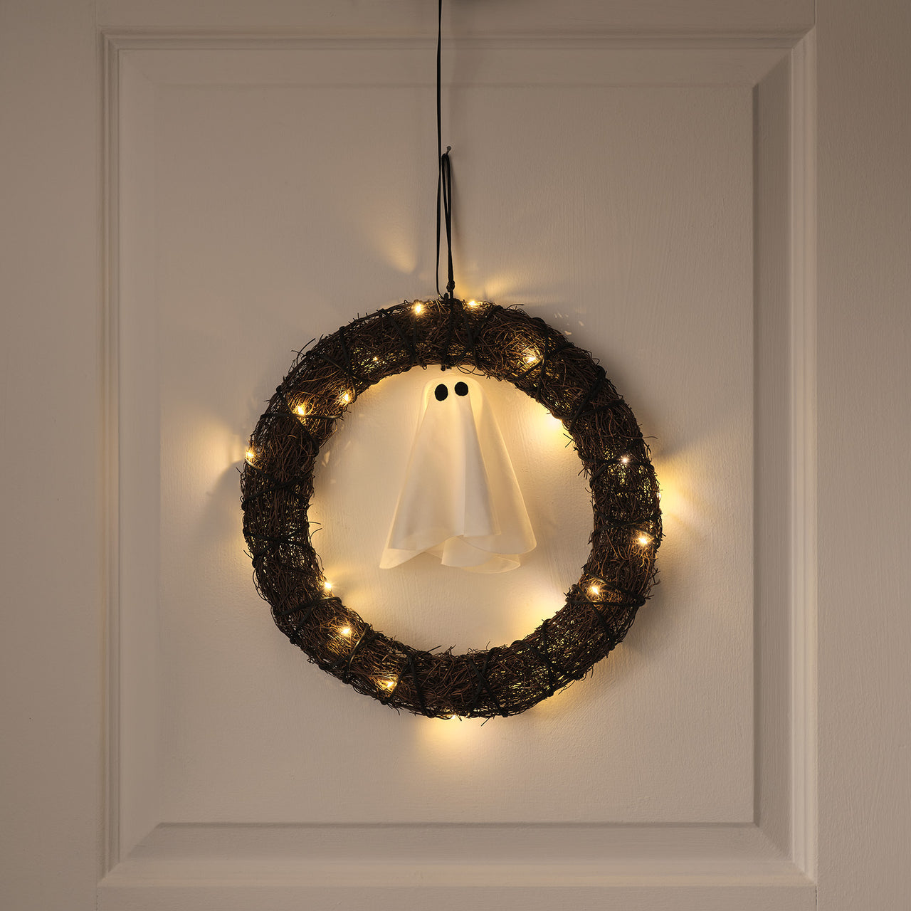 30cm Black Wreath with Hanging Ghost Outdoor LED Halloween Decoration
