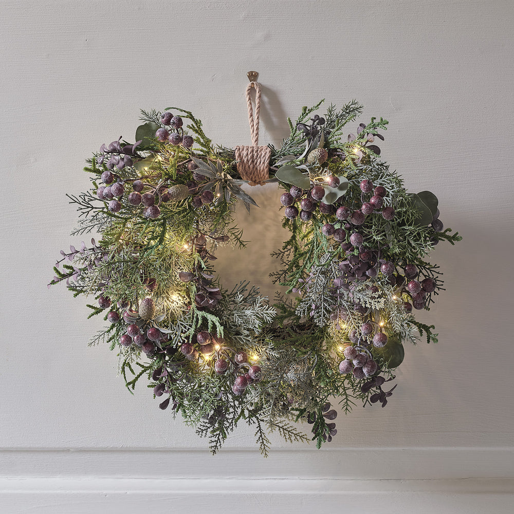 40cm Pre Lit Purple Berry Heart Wreath