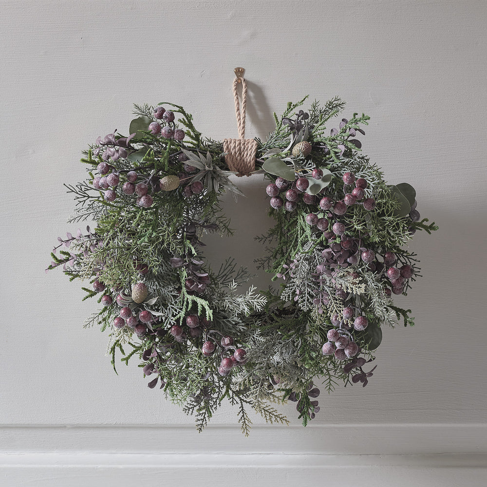 40cm Pre Lit Purple Berry Heart Wreath