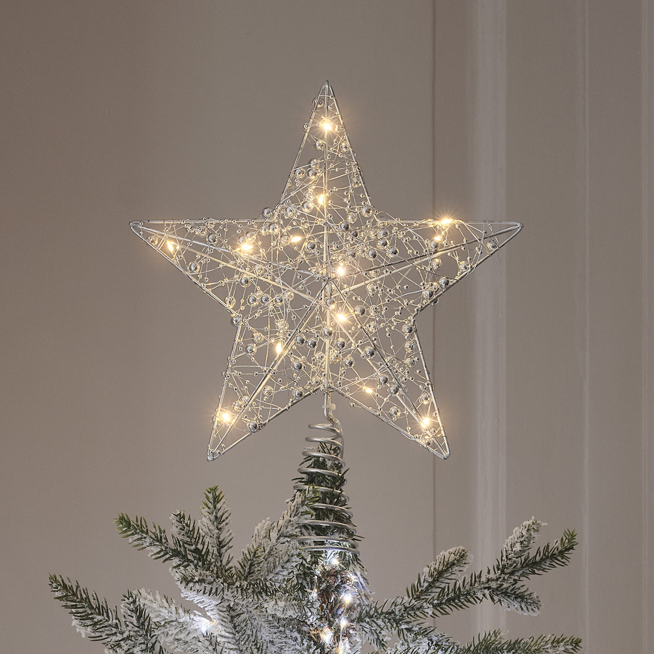 Beaded Silver Star Micro LED Christmas Tree Topper