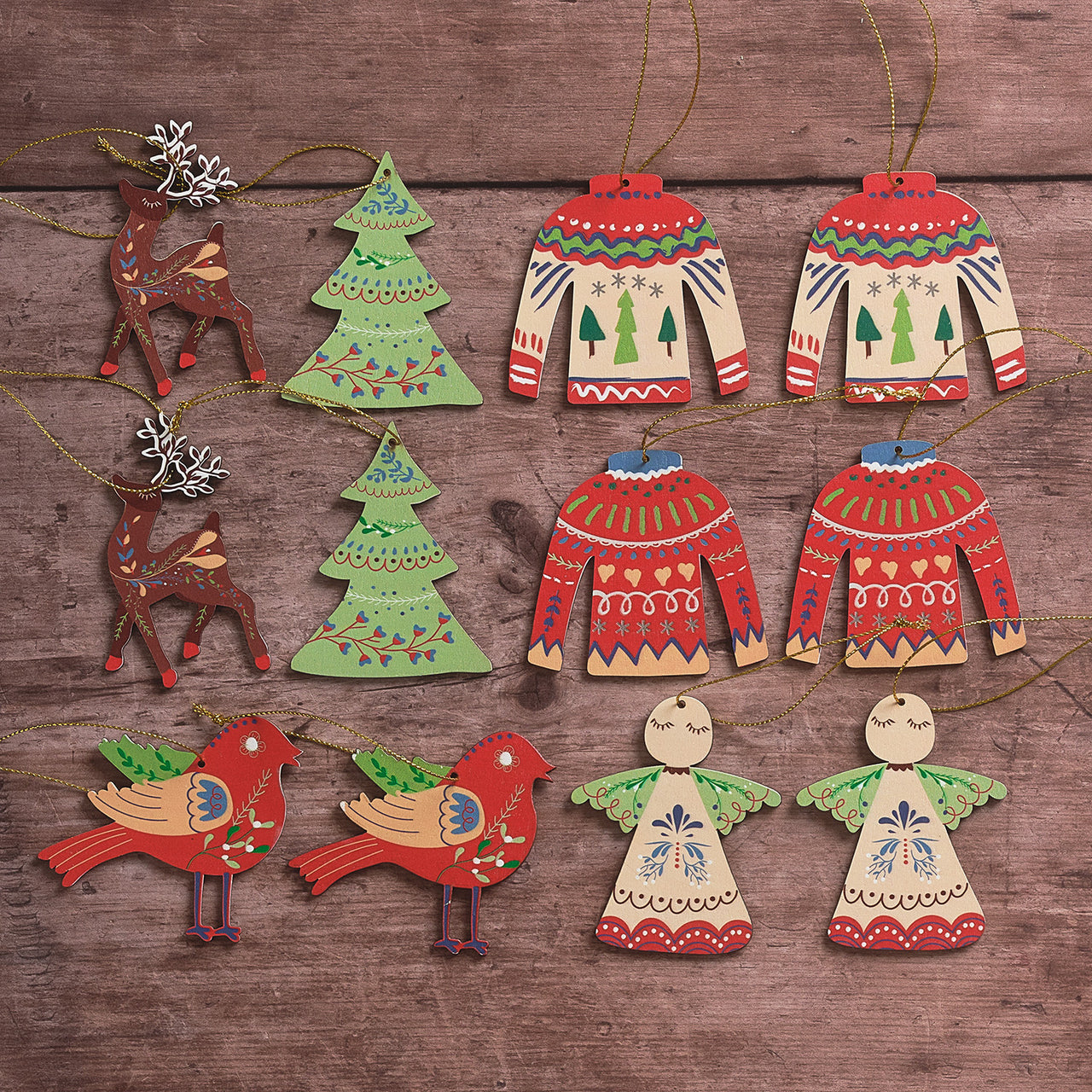 Set of 12 Wooden Christmas Decorations