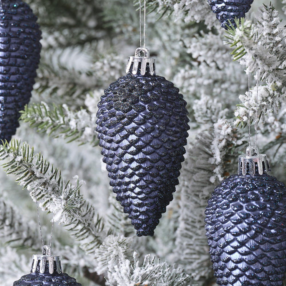 Set of 6 Dark Blue Glitter Pinecone Christmas Decorations