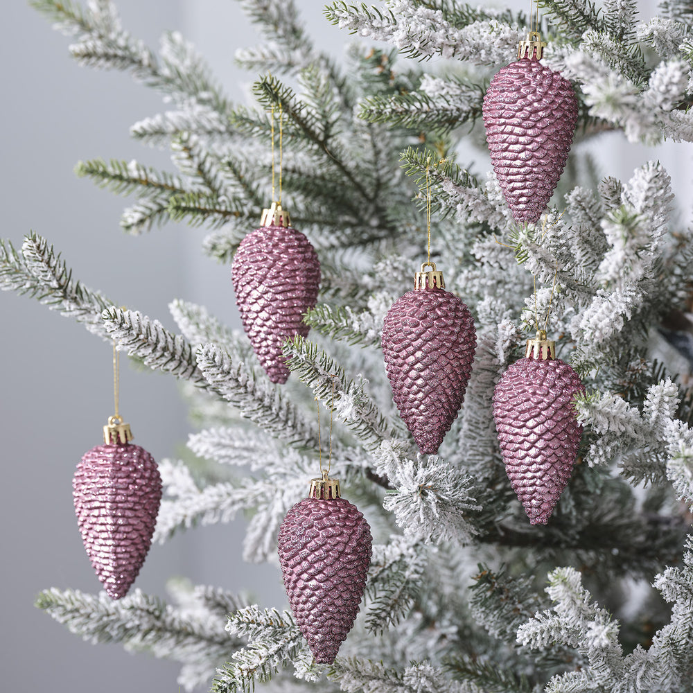 Set of 6 Dark Pink Glitter Pinecone Decorations