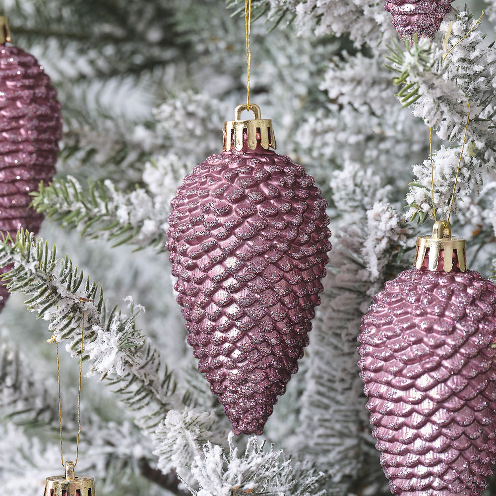 Set of 6 Dark Pink Glitter Pinecone Decorations