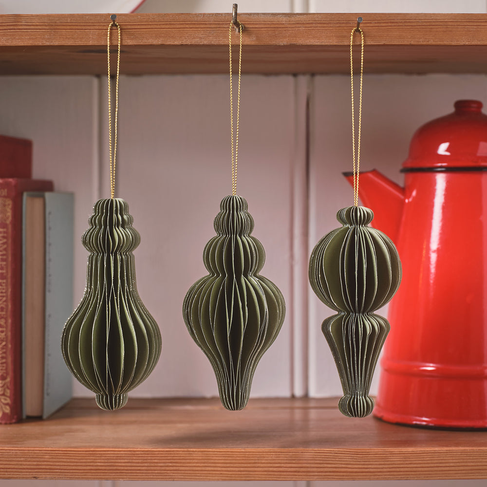 3 Pine Green Paper Christmas Baubles