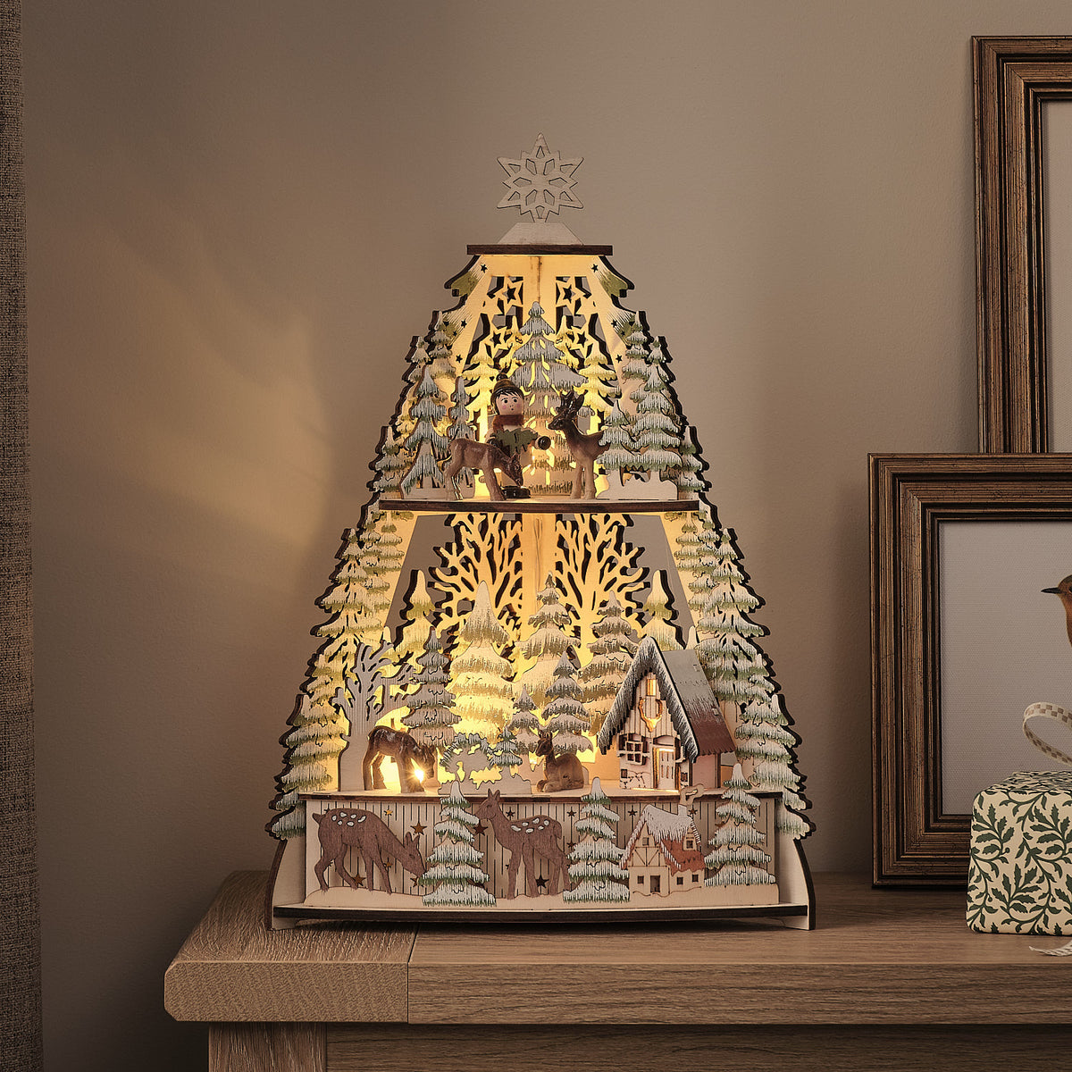 Pre Lit Winter Log Cabin Wooden House Scene