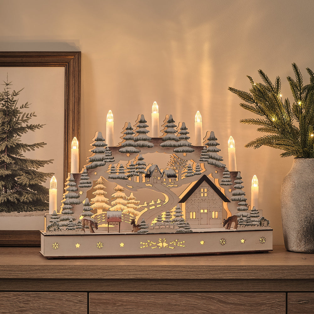 Pre Lit Winter Village Scene Wooden Candle Bridge