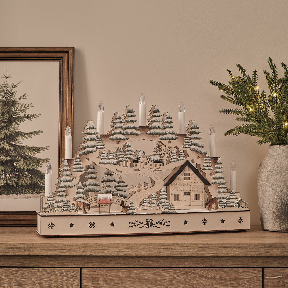 Pre Lit Winter Village Scene Wooden Candle Bridge