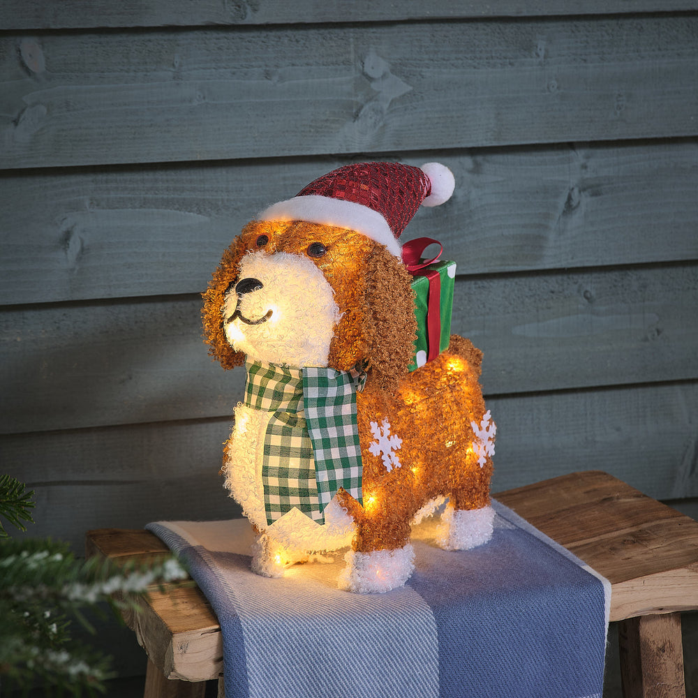 35cm Dazzle the Dog with Present LED 3D Outdoor Fabric Christmas Figure