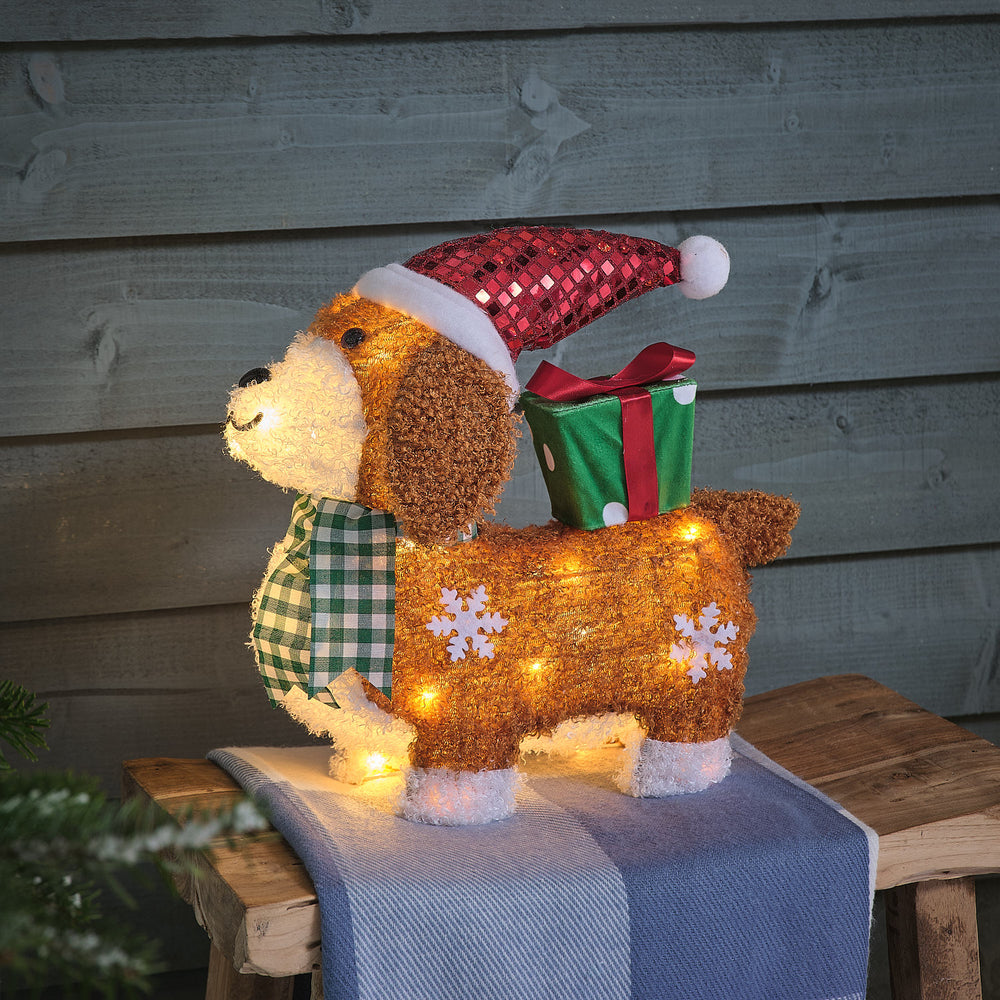 35cm Dazzle the Dog with Present LED 3D Outdoor Fabric Christmas Figure