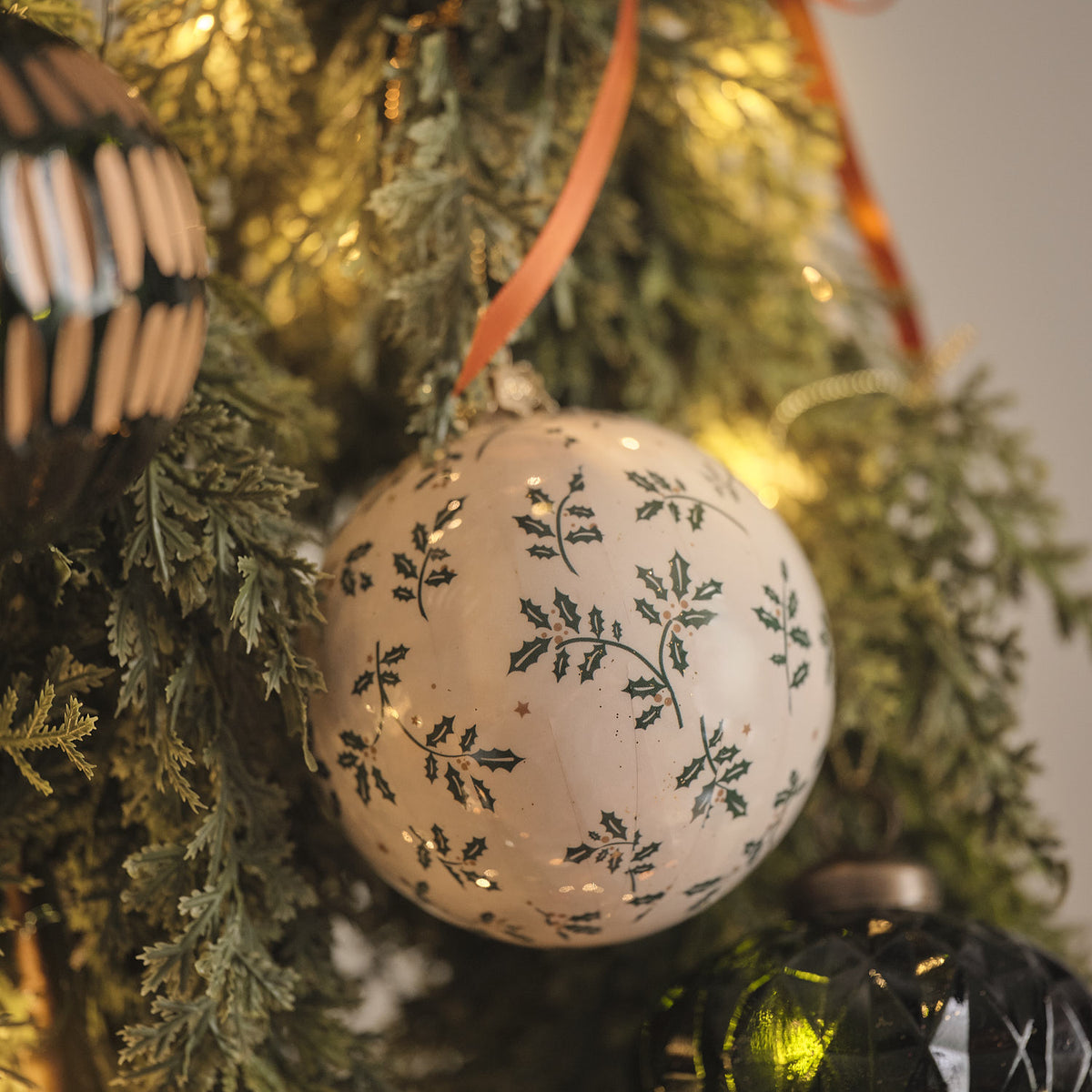 Set of 2 Traditional Holly Christmas Tree Baubles