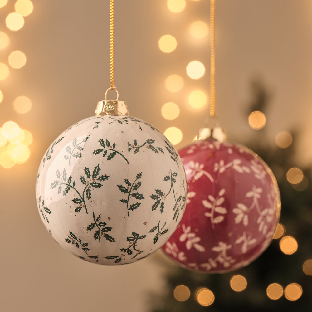 Set of 2 Traditional Holly Christmas Tree Baubles