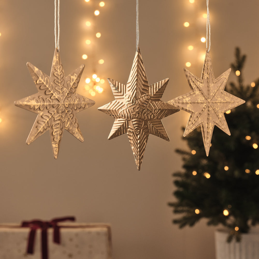 Set of 3 Brass Effect Gold Star Christmas Tree Decorations