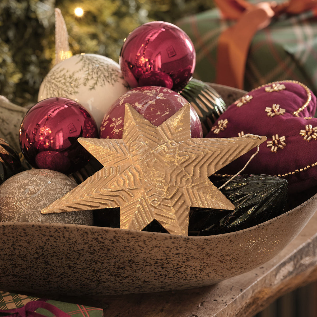 Set of 3 Brass Effect Gold Star Christmas Tree Decorations