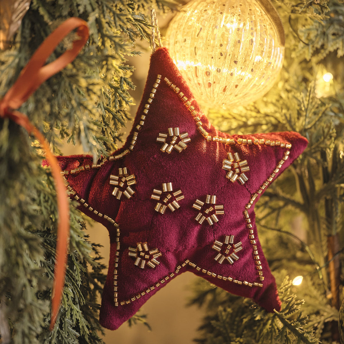 Set of 4 Beaded Red Velvet Christmas Tree Decorations
