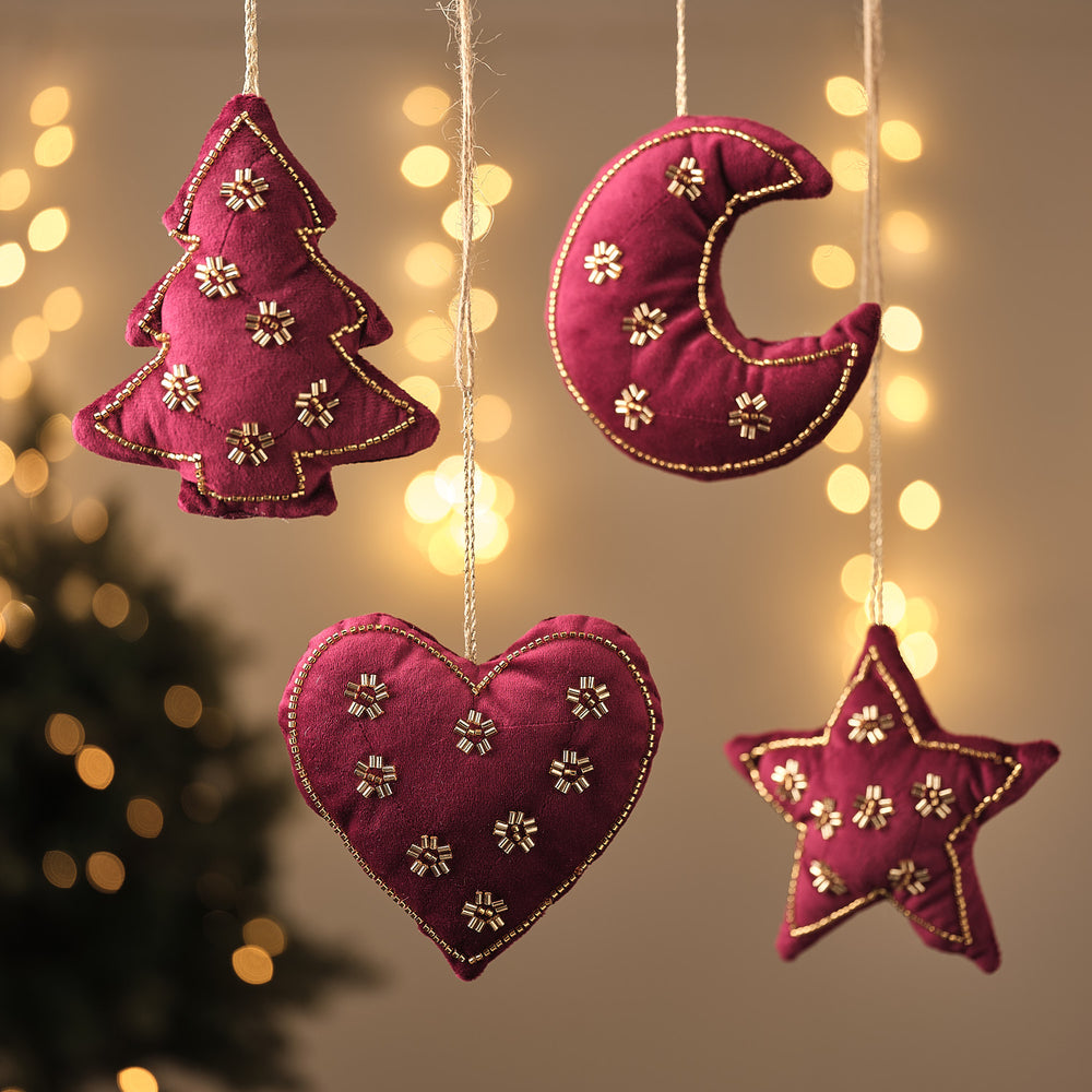 Set of 4 Beaded Red Velvet Christmas Tree Decorations