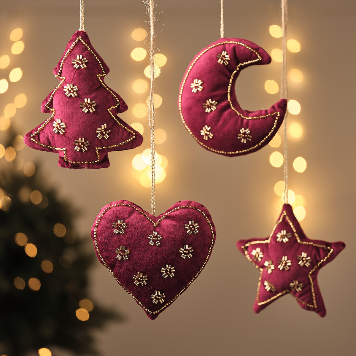 Set of 4 Beaded Red Velvet Christmas Tree Decorations