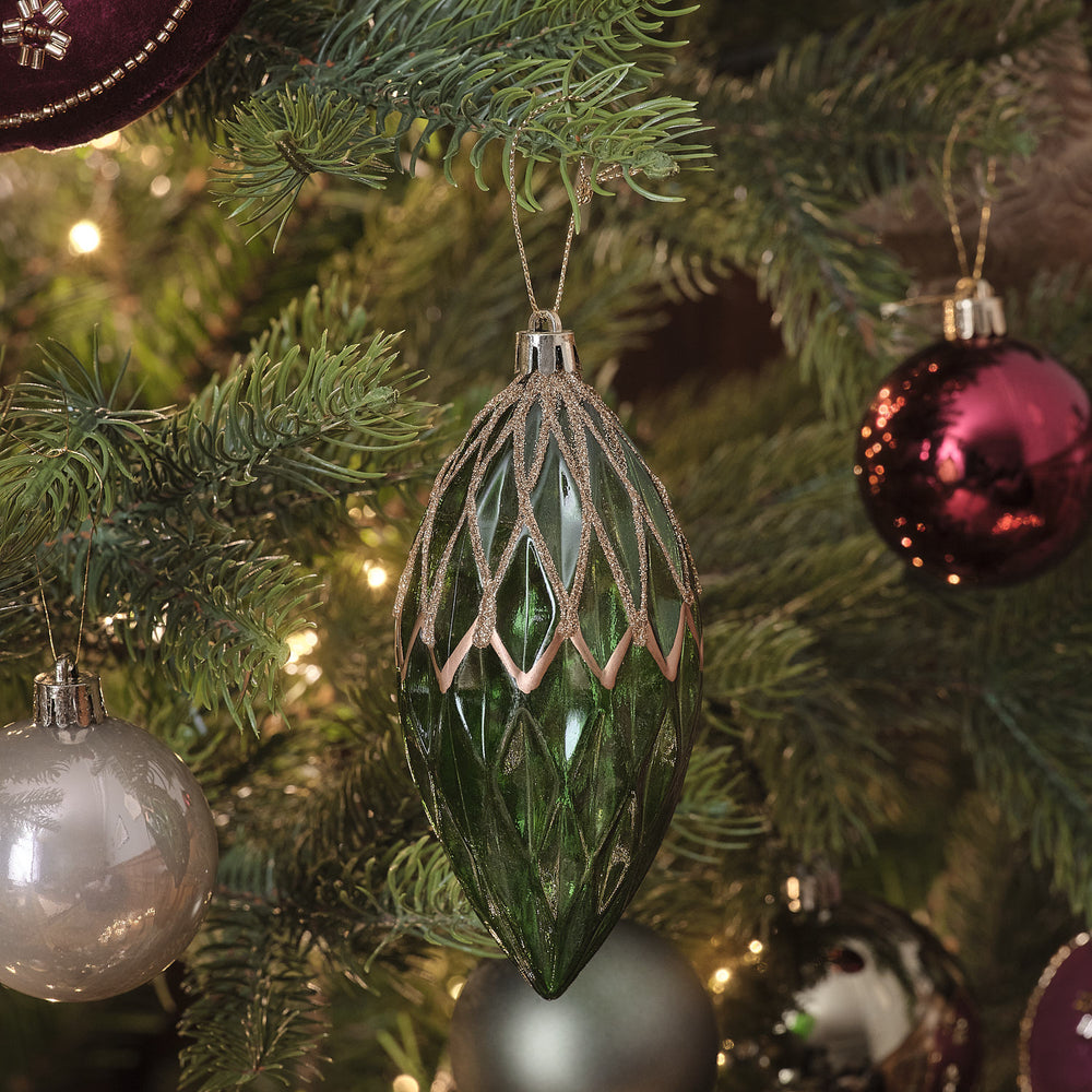 Set of 3 Green Antique Effect Textured Christmas Tree Baubles