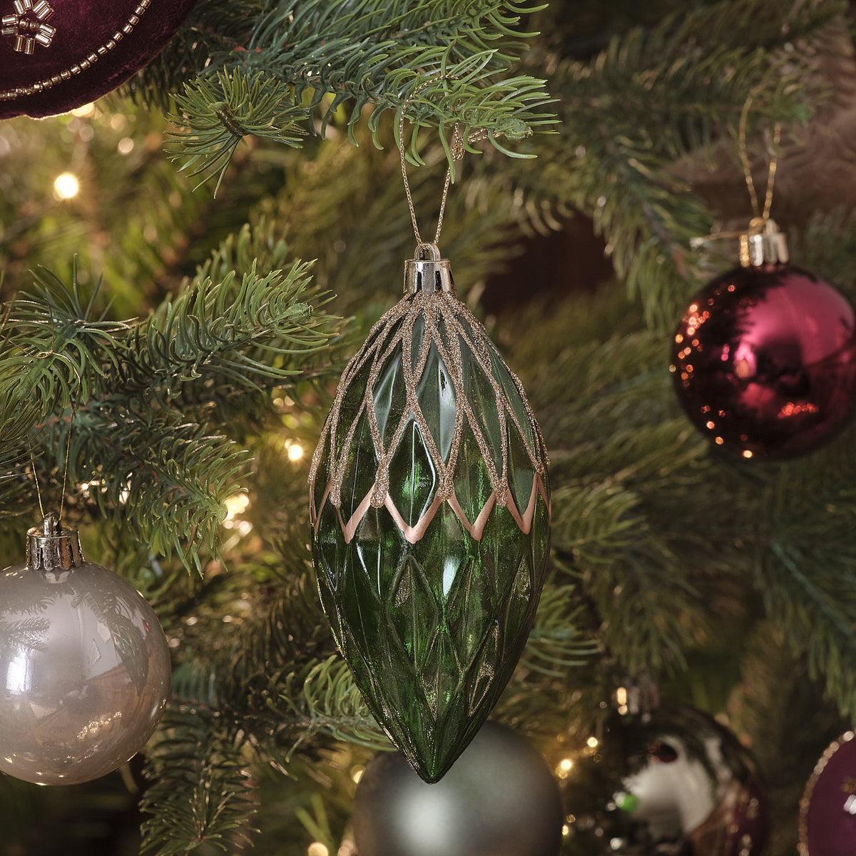 Set of 3 Green Antique Effect Textured Christmas Tree Baubles