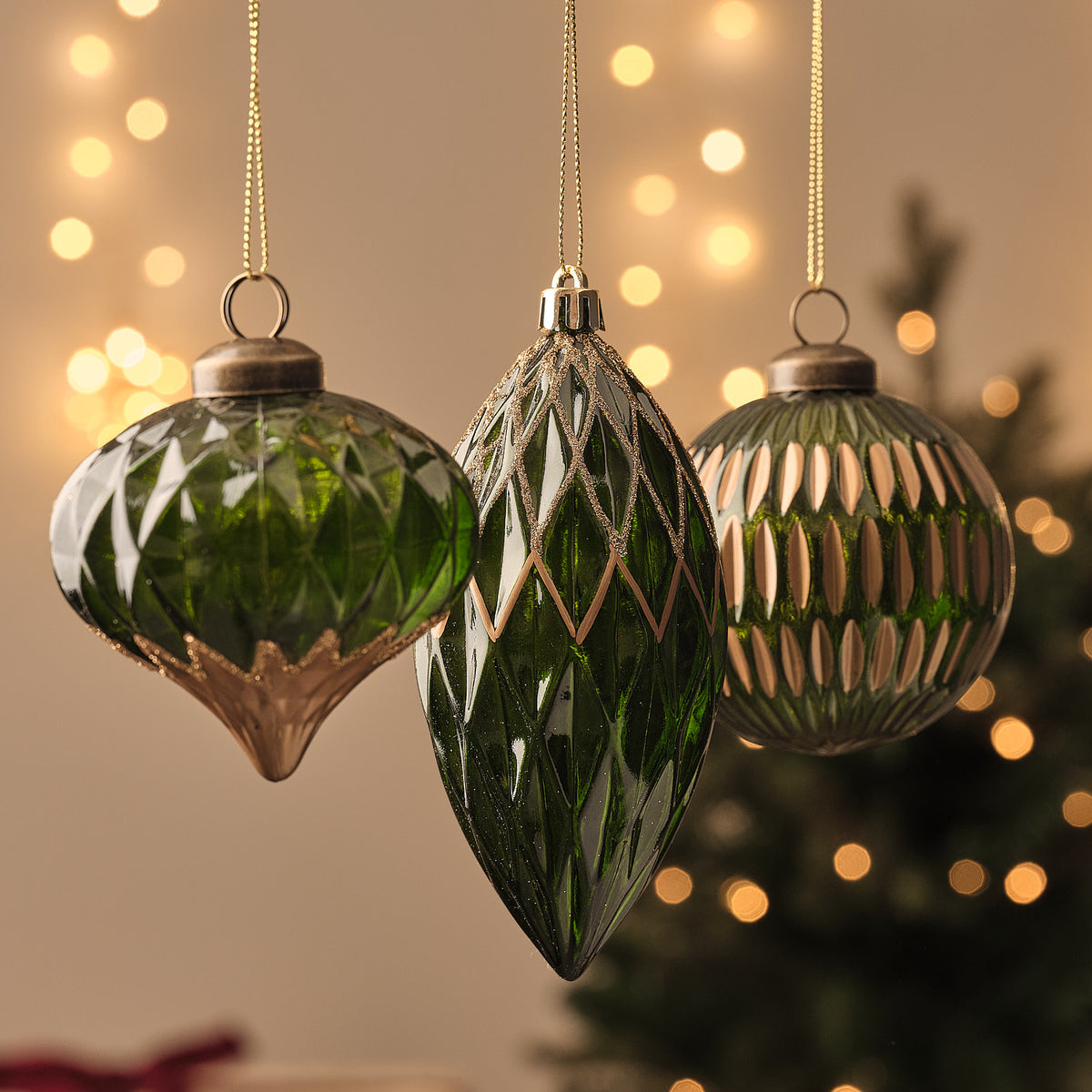 Set of 3 Green Antique Effect Textured Christmas Tree Baubles