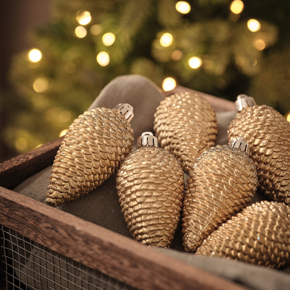Set of 6 Glitter Caramel Glass Pinecone Christmas Tree Decorations