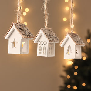 Set of 3 Scandi White Wooden House Christmas Tree Decorations