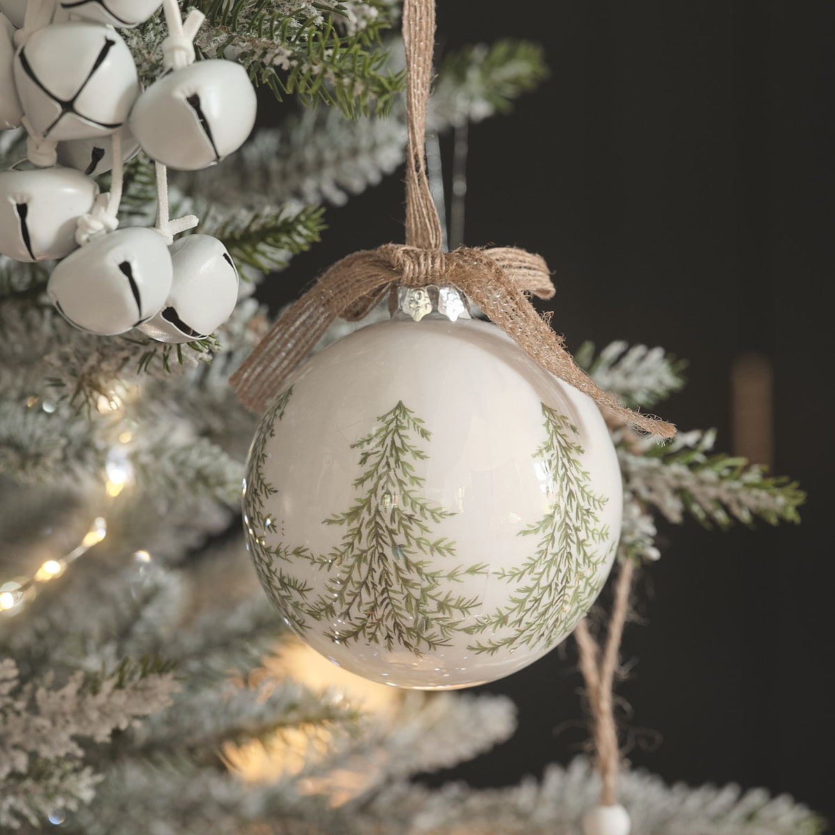 Set of 2 Sage & White Painted Pine Tree Christmas Baubles