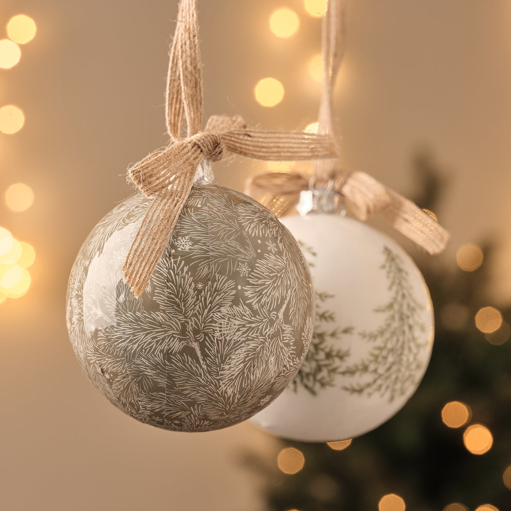 Set of 2 Sage & White Painted Pine Tree Christmas Baubles