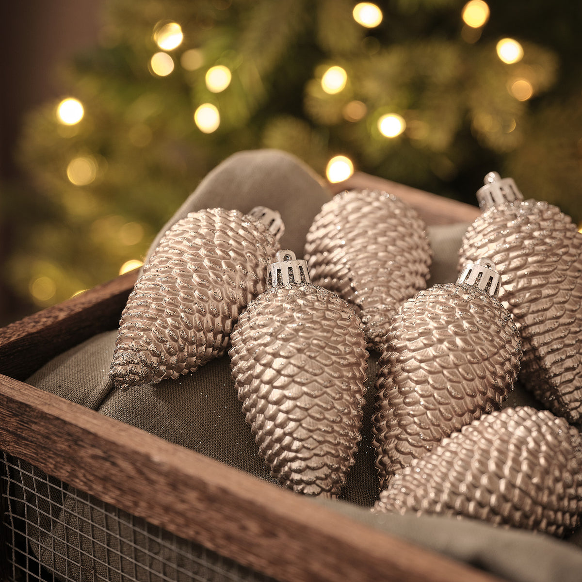 Set of 6 Bronze Glitter Pinecone Christmas Tree Decorations