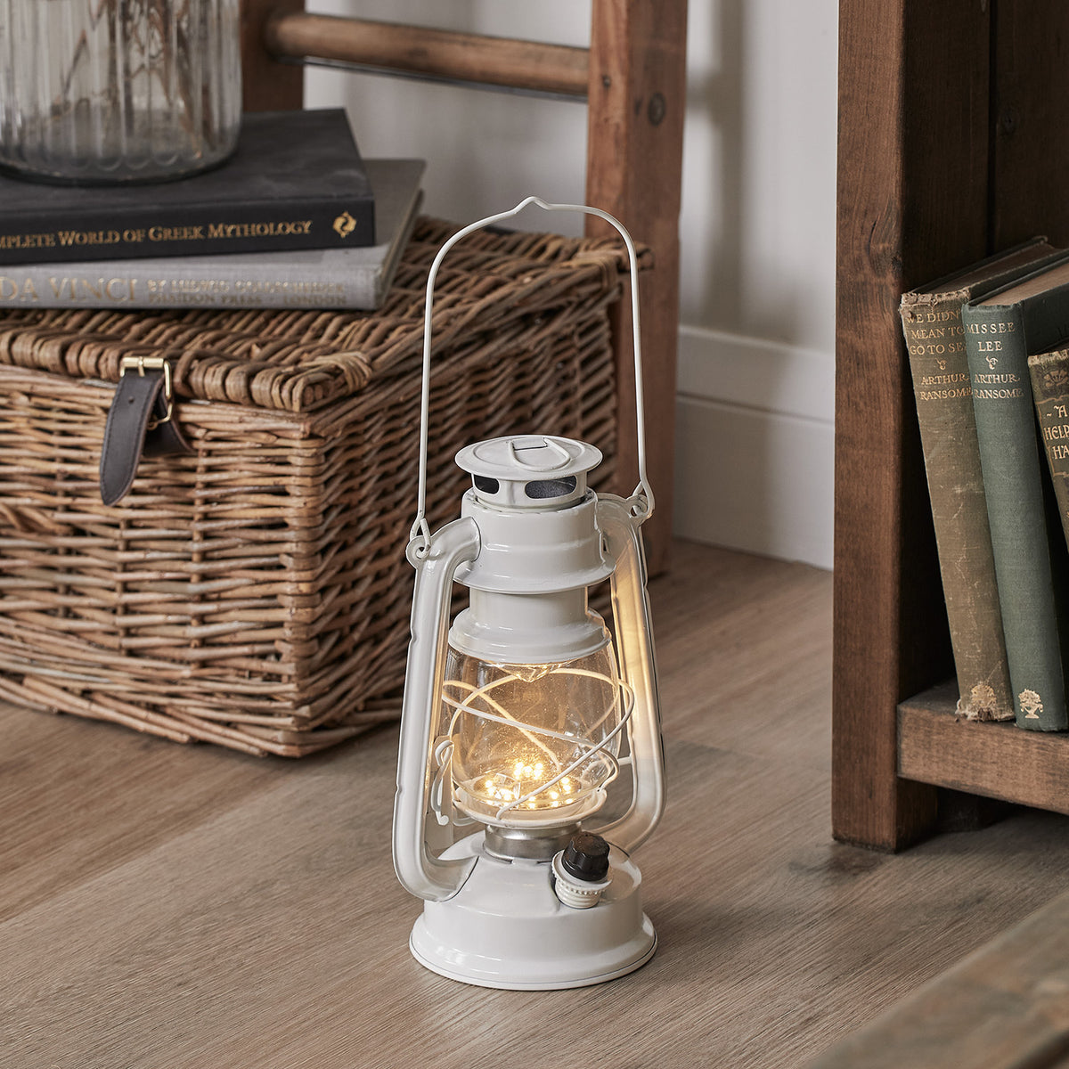 White Metal Dimmable Storm Lantern - styled product view