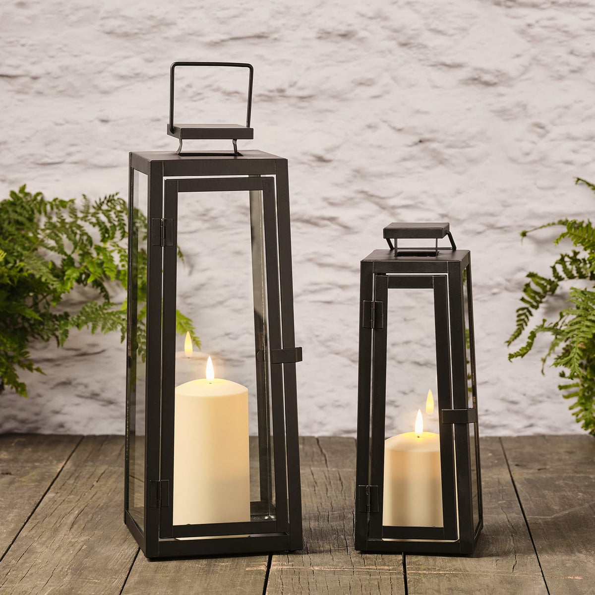 Contemporary Black LED Lantern Duo - styled product view
