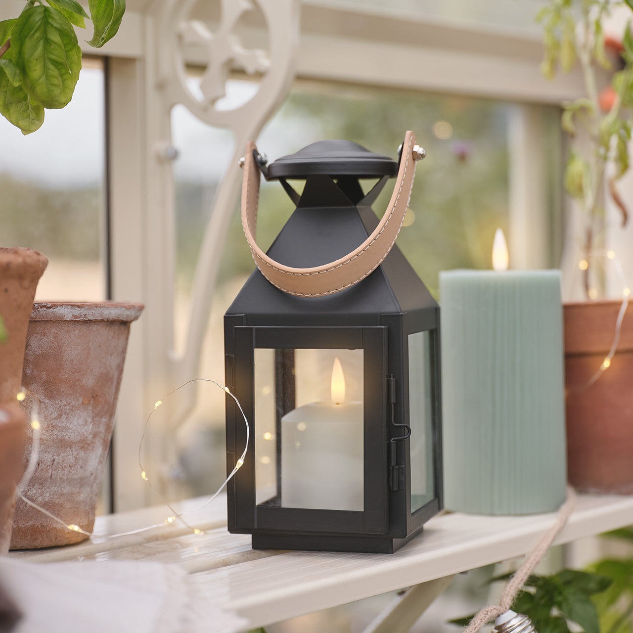 Brixham Small Leather Handle Lantern with TruGlow® LED Candle