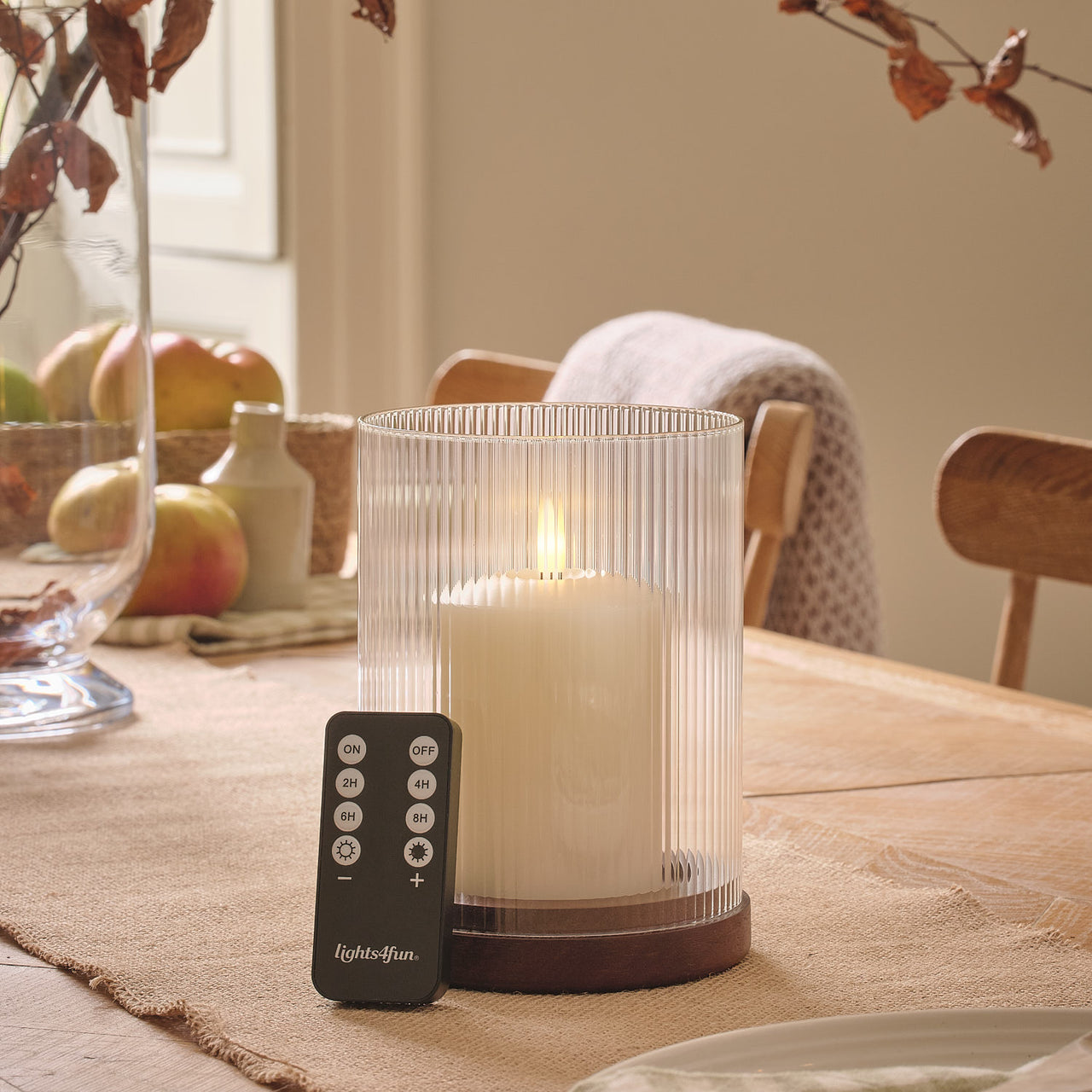 TruGlow® LED Candle and Fluted Glass Hurricane Candle Holder with Remote Control