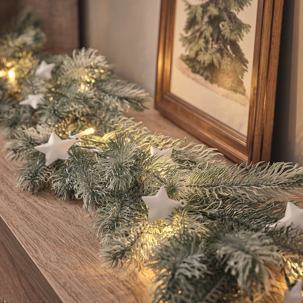 1.5m Pre Lit Frosted Pine & Star Christmas Garland